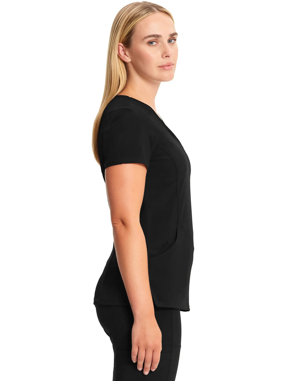 A look at the side of the Infinity Women's Mock Wrap Scrub Top (2625A) in Black featuring short sleeves.