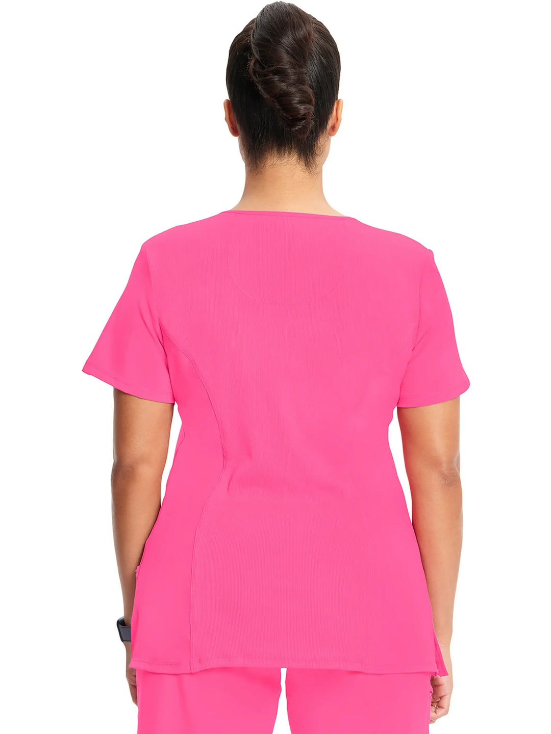 A look at the back of the Infinity Women's Mock Wrap Antimicrobial Scrub Top in Carmine Pink size medium featuring a center back length of 26".