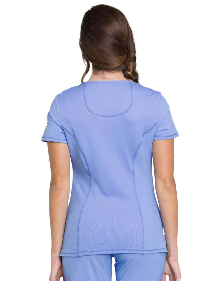 A look at the back of the Infinity Women's Mock Wrap Scrub Top (2625A) in Ceil Blue featuring a center back length of 26".