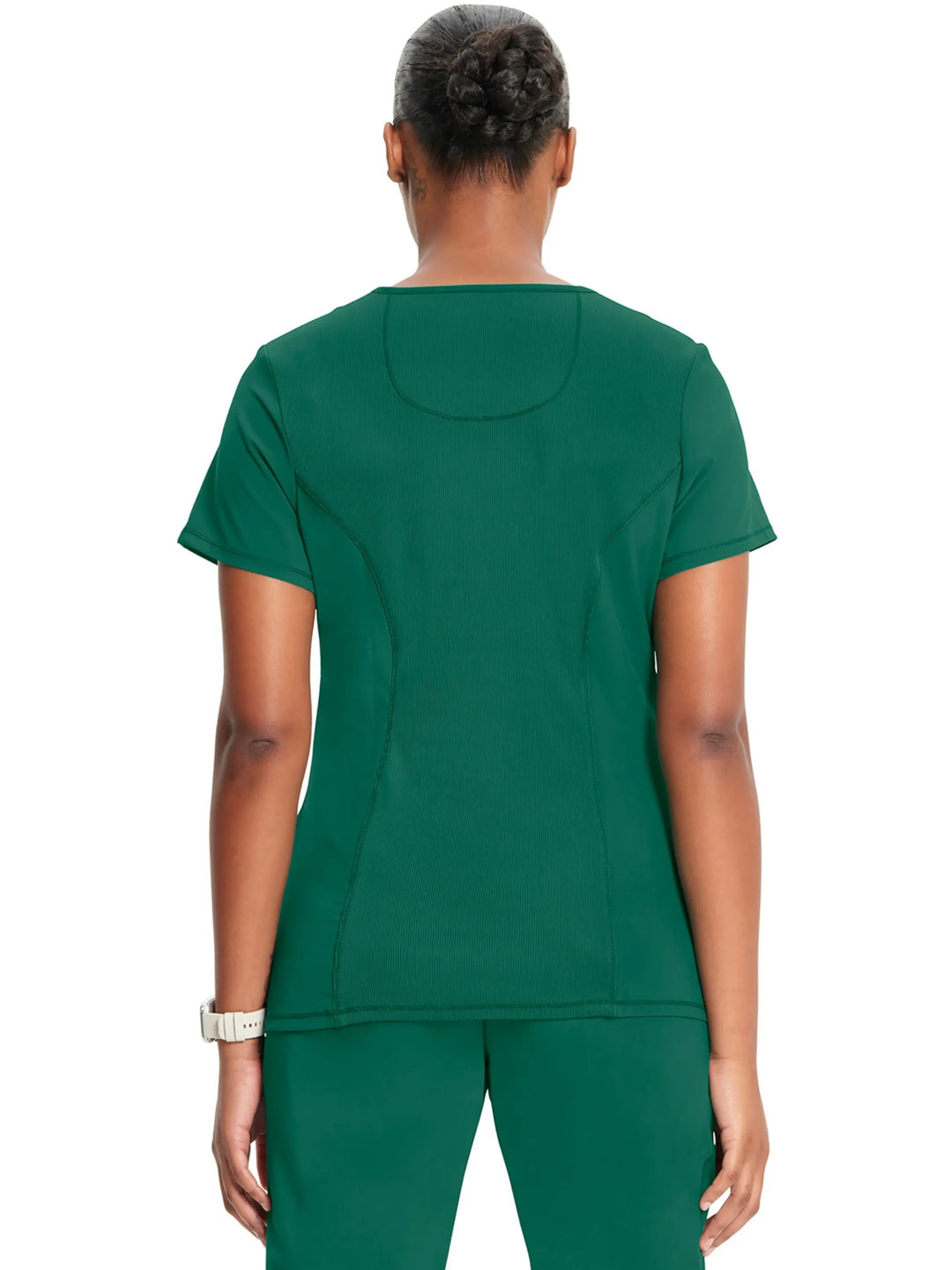 A look at the back of the Infinity Women's Mock Wrap Antimicrobial Scrub Top in Hunter Green size medium featuring a center back length of 26".