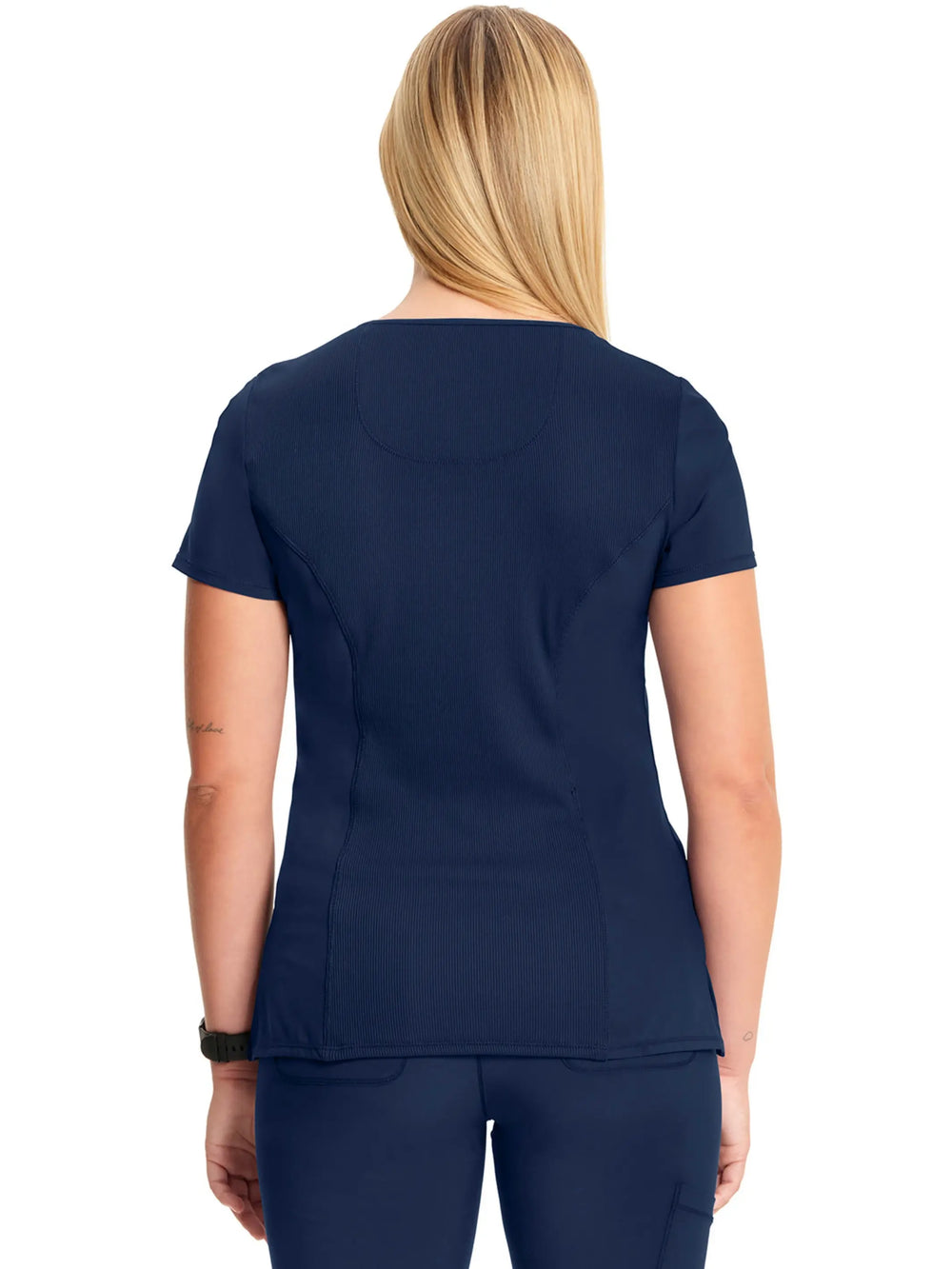 A look at the back of the Infinity Women's Mock Wrap Antimicrobial Scrub Top in Navy Blue size medium featuring a center back length of 26".