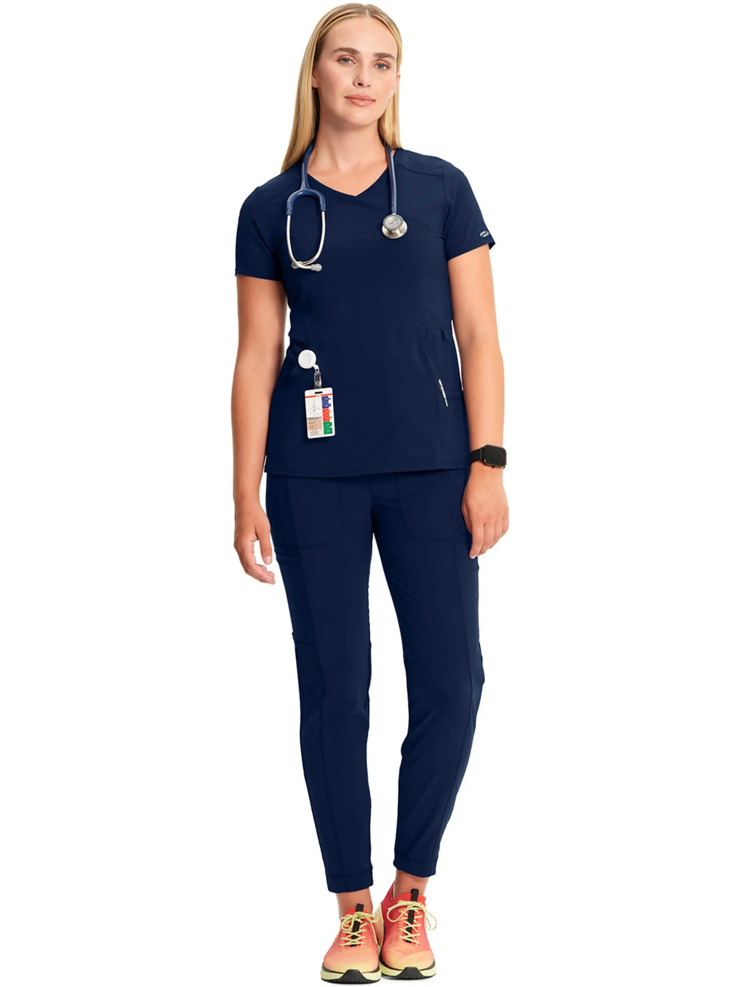 Infinity Women's Scrub Set Mock Wrap Top & Petite Joggers | Navy Blue