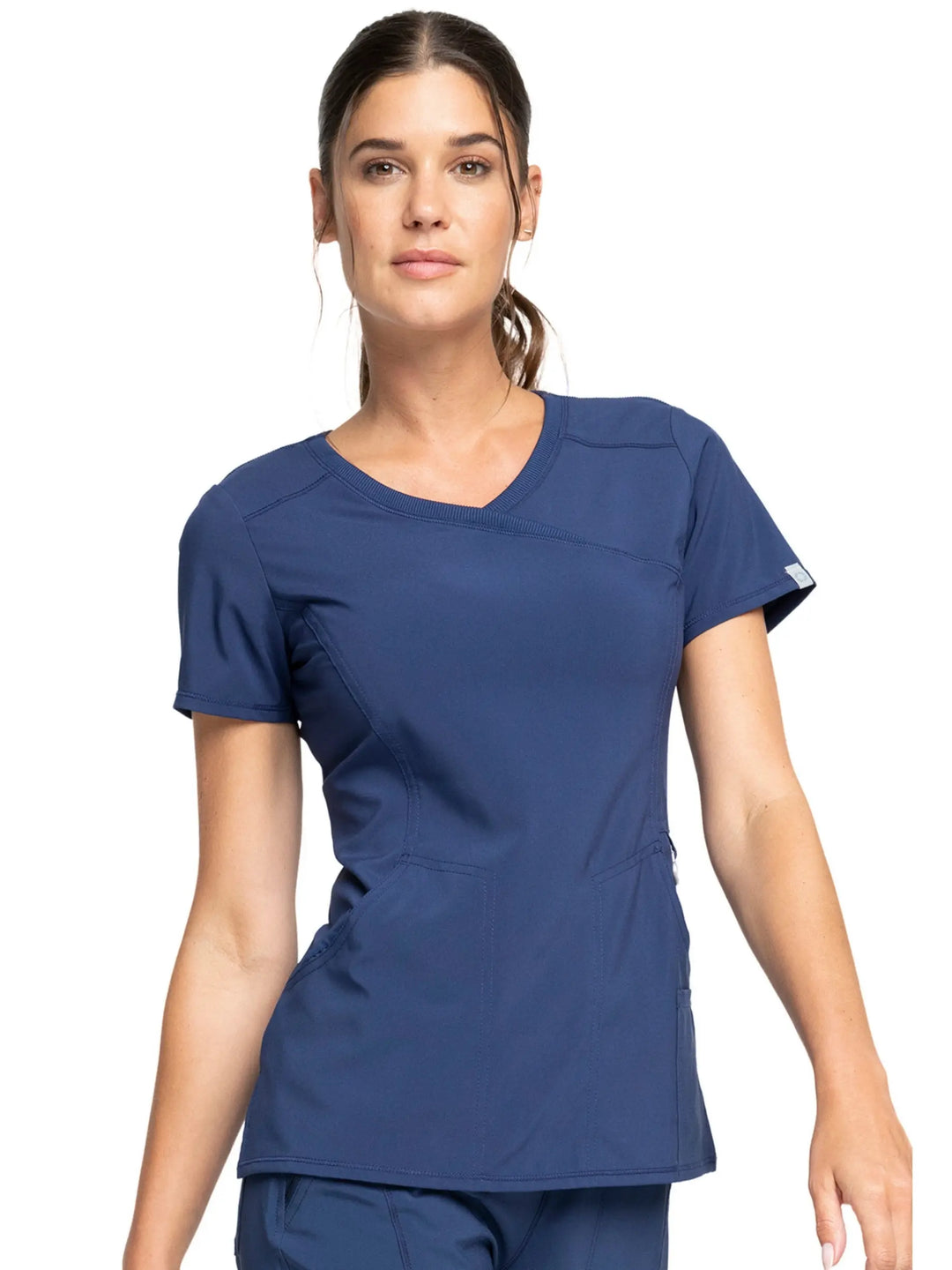 A look at the front of the Infinity Women's Antimicrobial Scrub Top (2625A) in Navy Blue size Medium featuring a mock wrap neckline and short sleeves.