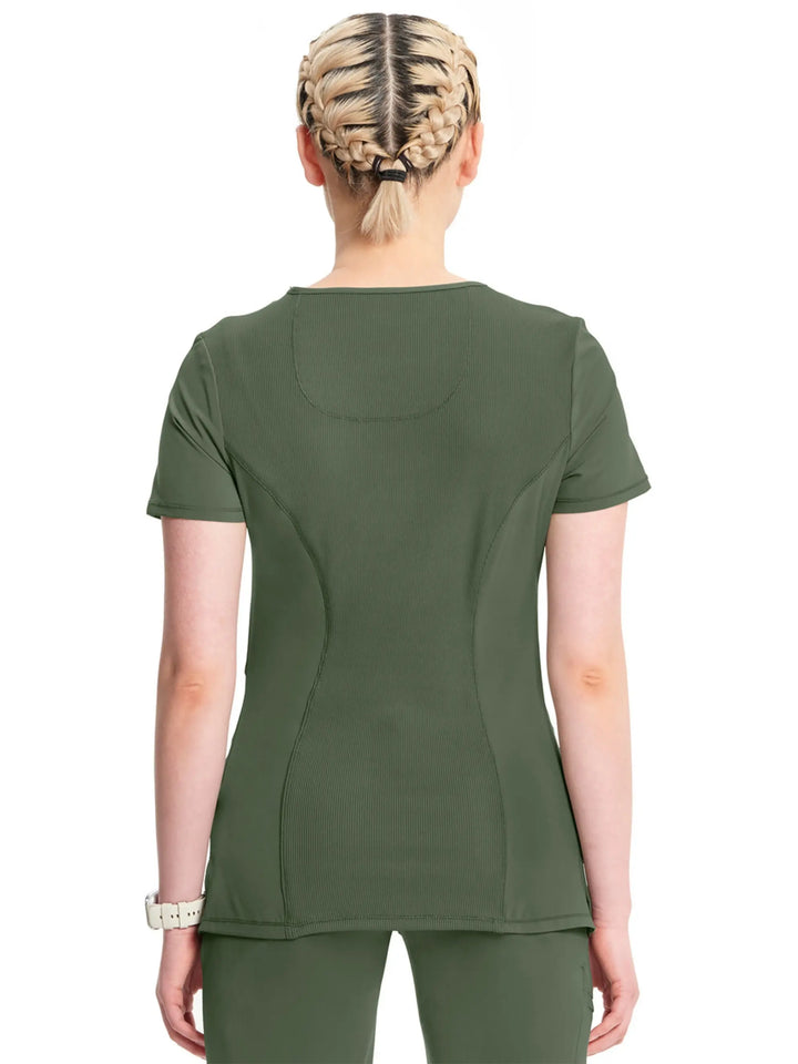 A look at the back of the Infinity Women's Mock Wrap Scrub Top (2625A) in Olive Green featuring a center back length of 26".