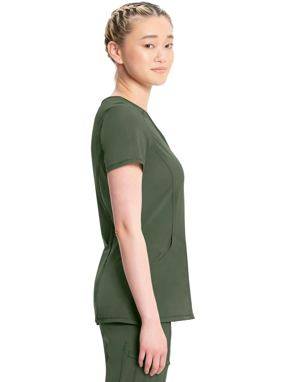 A look at the right side of the Infinity Women's Antimicrobial Mock Wrap Scrub Top in Olive Green featuring side slits.