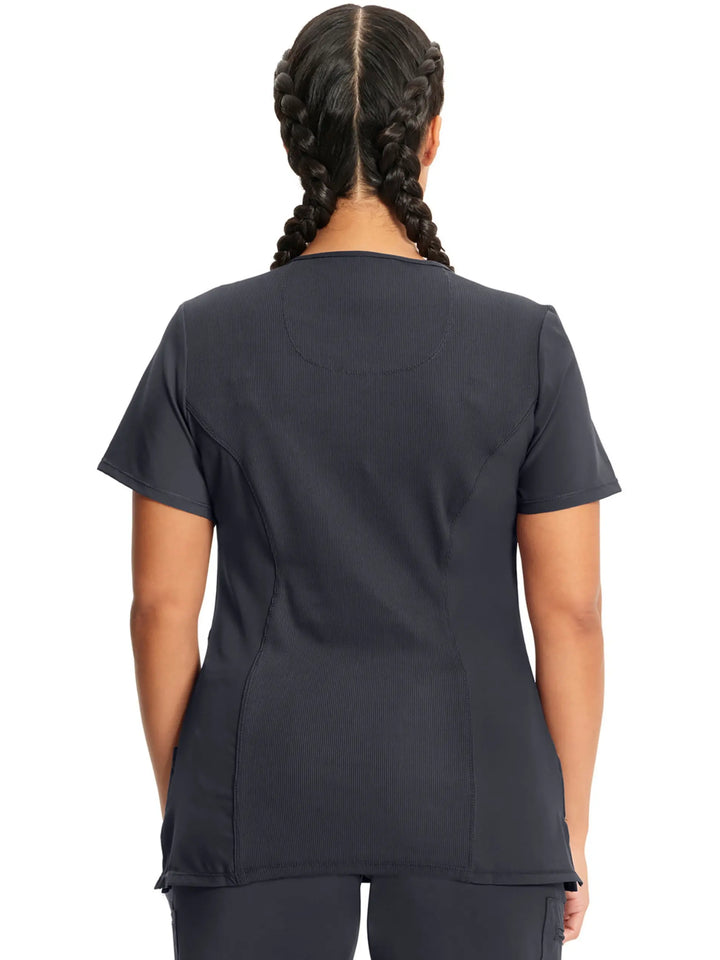 A look at the back of the Infinity Women's Mock Wrap Antimicrobial Scrub Top in Pewter size medium featuring a center back length of 26".