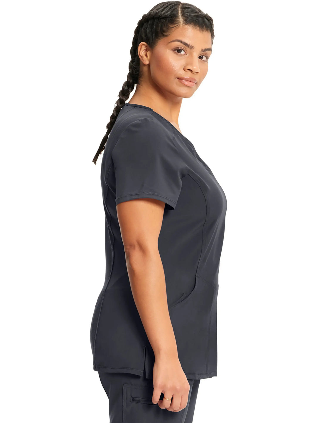 A look at the side of the Infinity Women's Mock Wrap Scrub Top (2625A) in Pewter (Grey) featuring short sleeves and side slits.