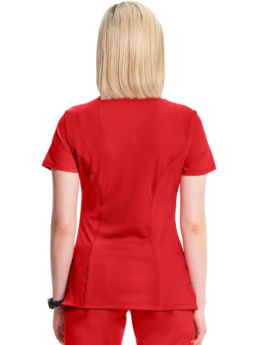 A look at the back of the Infinity Women's Mock Wrap Antimicrobial Scrub Top in Red size medium featuring a center back length of 26" and stylish seaming throughout.