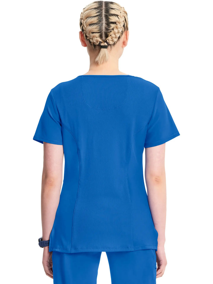 A look at the back of the Infinity Women's Mock Wrap Scrub Top (2625A) in Royal Blue featuring a center back length of 26".