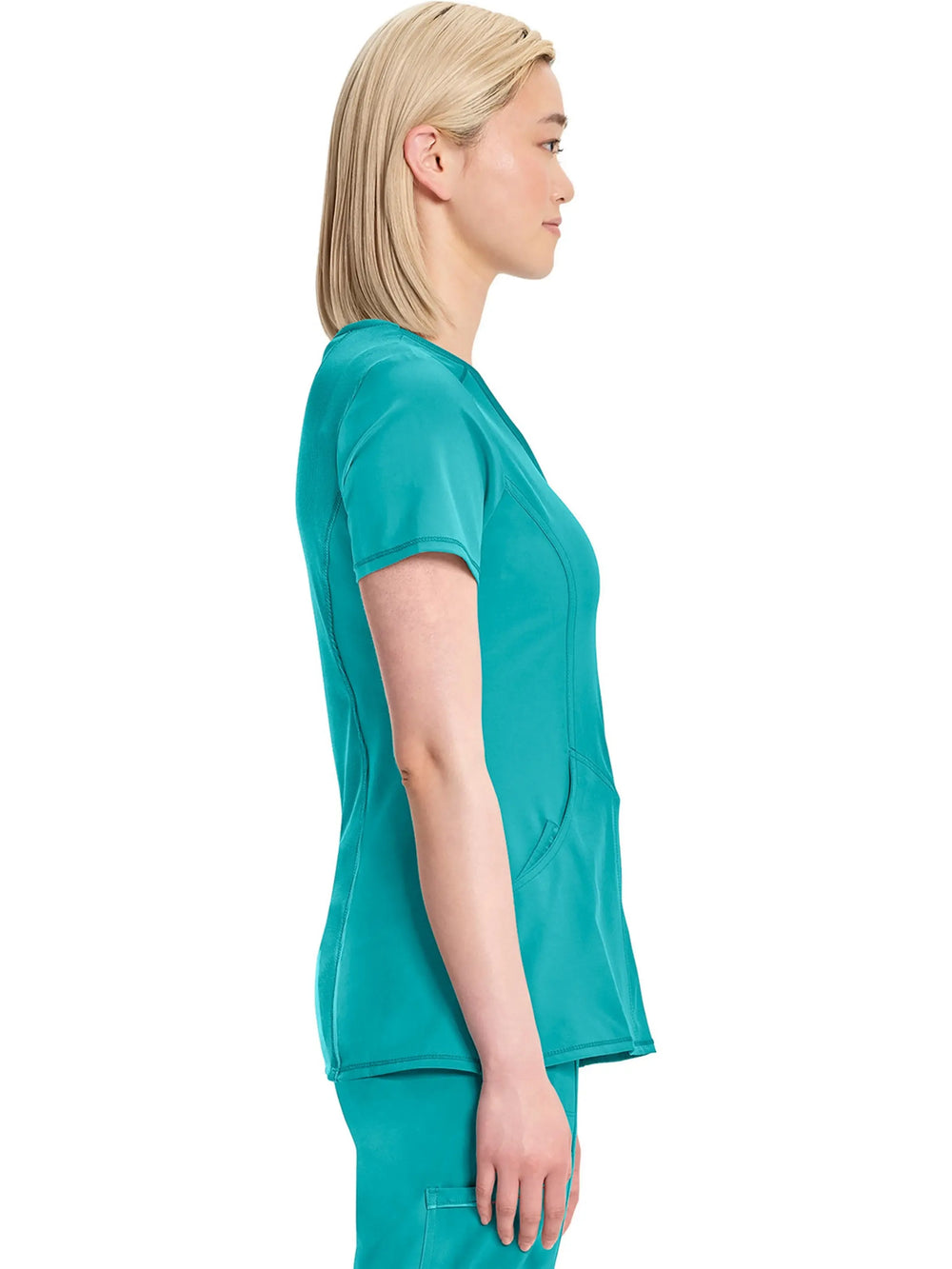 A look at the side of the Infinity Women's Mock Wrap Scrub Top (2625A) in Teal Blue featuring short sleeves.