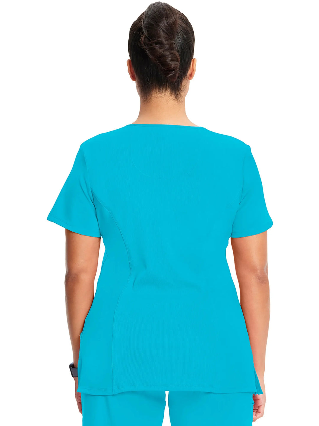 A look at the back of the Infinity Women's Mock Wrap Antimicrobial Scrub Top in Turquoise Blue size medium featuring a center back length of 26".