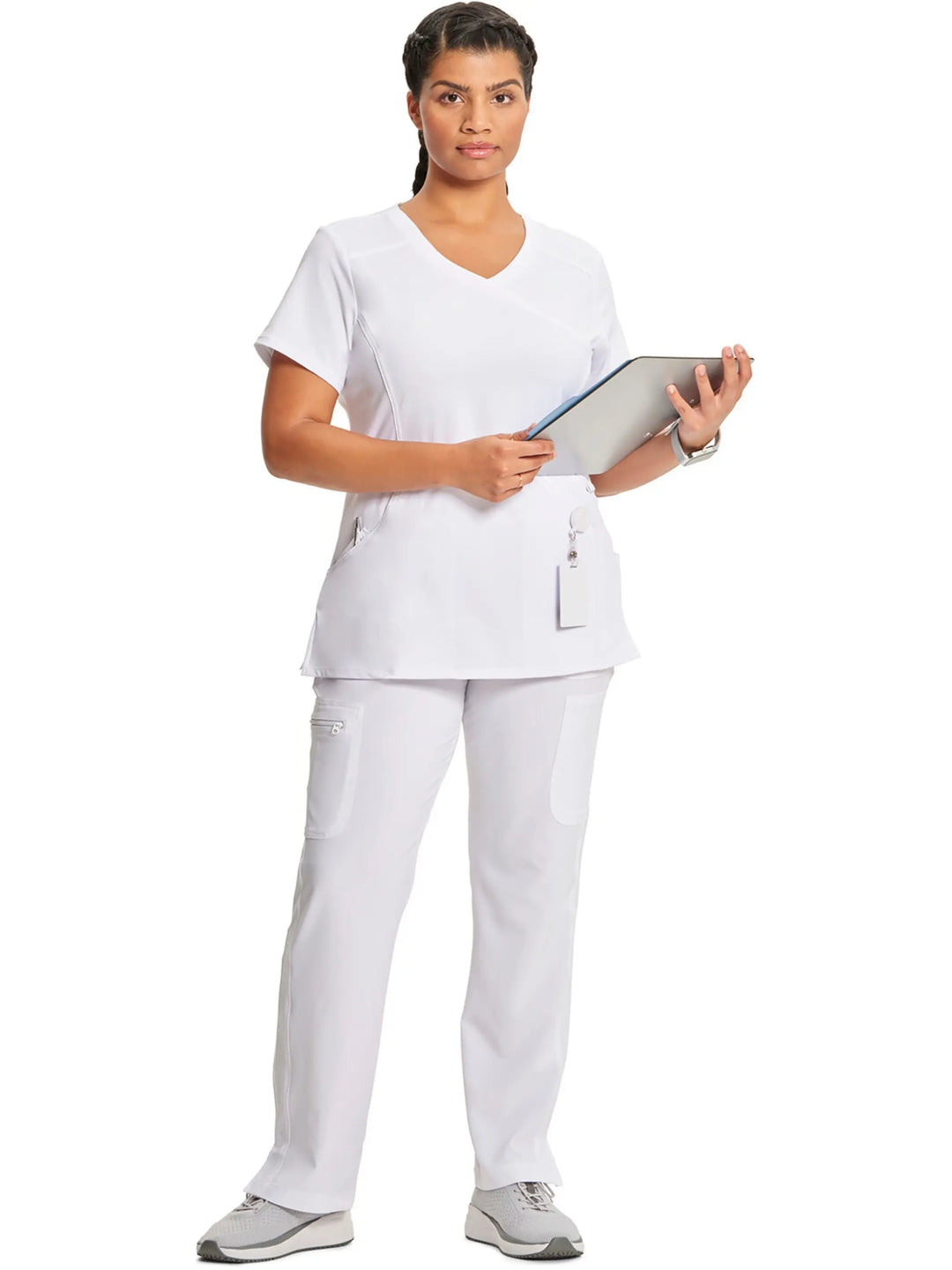 A look at the back of the Infinity Women's Mock Wrap Scrub Top (2625A) in White featuring a center back length of 26".