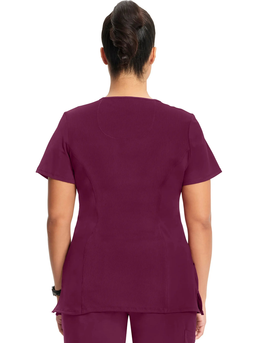 A look at the back of the Infinity Women's Mock Wrap Scrub Top (2625A) in Wine featuring a center back length of 26".