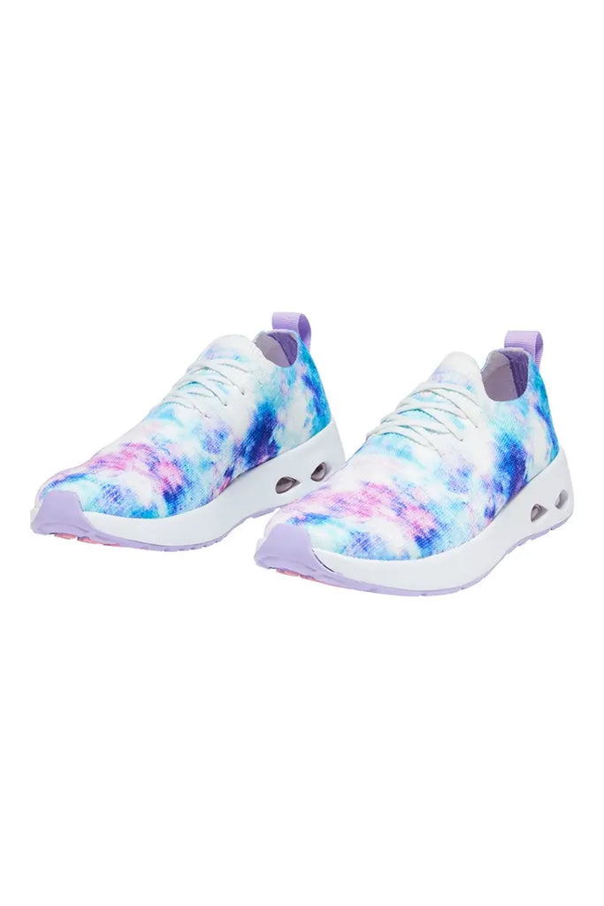 Two Infinity Women's Bolt Premium Athletic Nurse Shoes in Pastel Watercolor featuring a  colorful tie-dye design in shades of blue, pink, purple and white all over with a solid lilac colored sole.