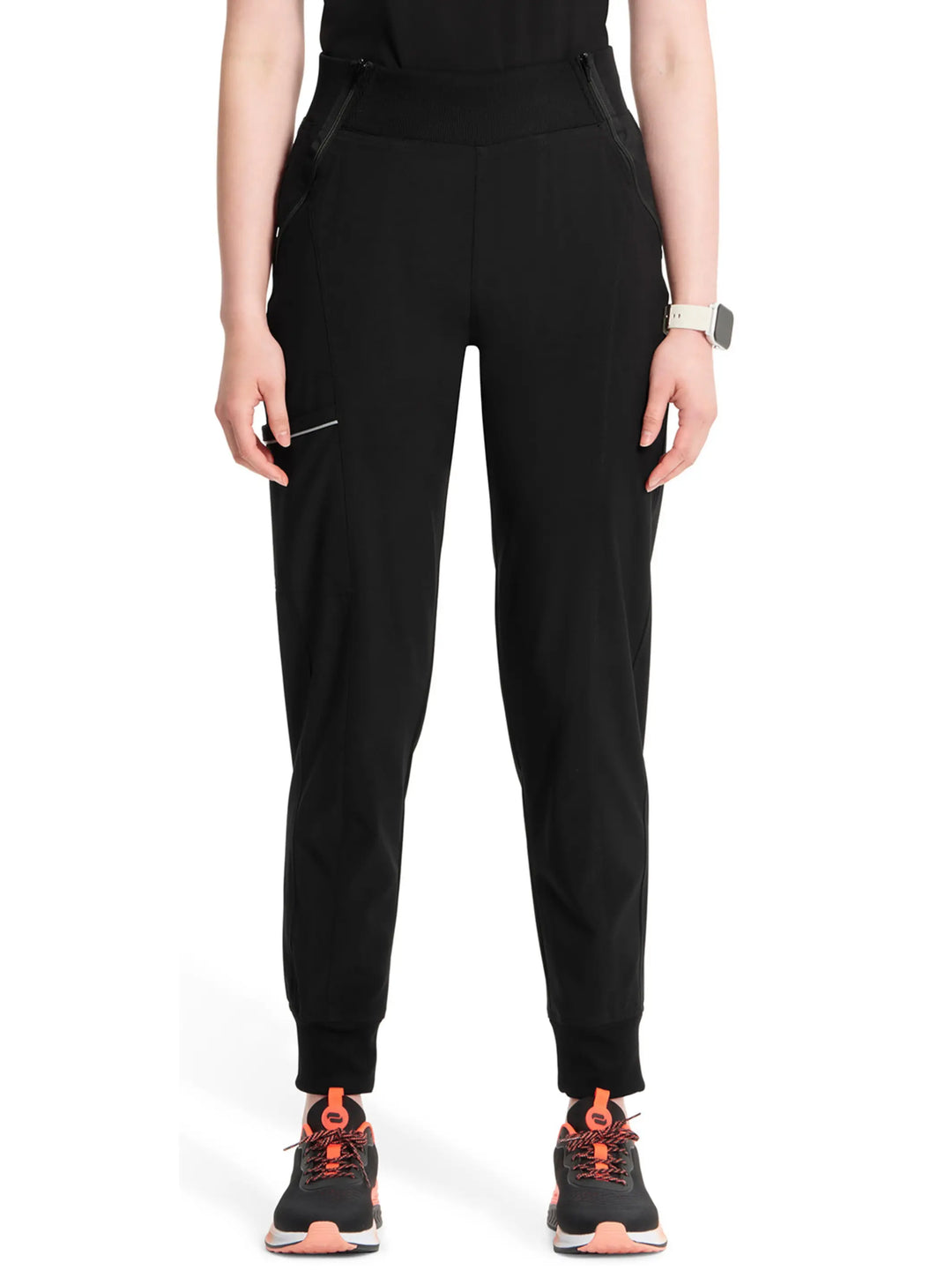 A look at the front of the Infinity Women's Mid-Rise Tapered Jogger Scrub Pant in Black featuring a rib knit elastic waistband.