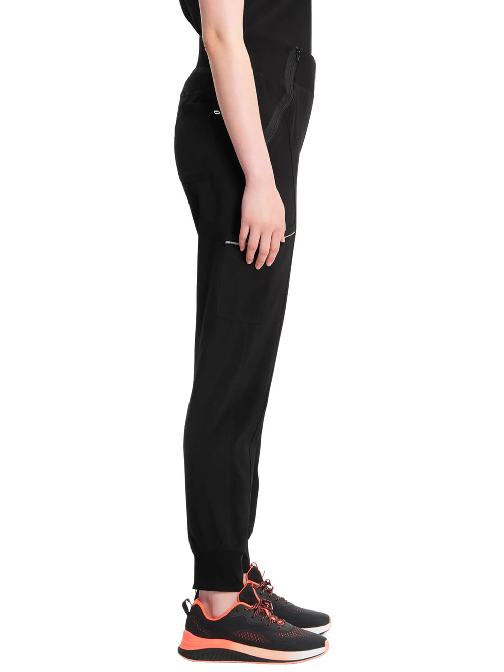 A look at the side of the Infinity Women's Mid Rise Tapered Jogger in Black size Medium featuring ankle cuffs and an antimicrobial fabric.