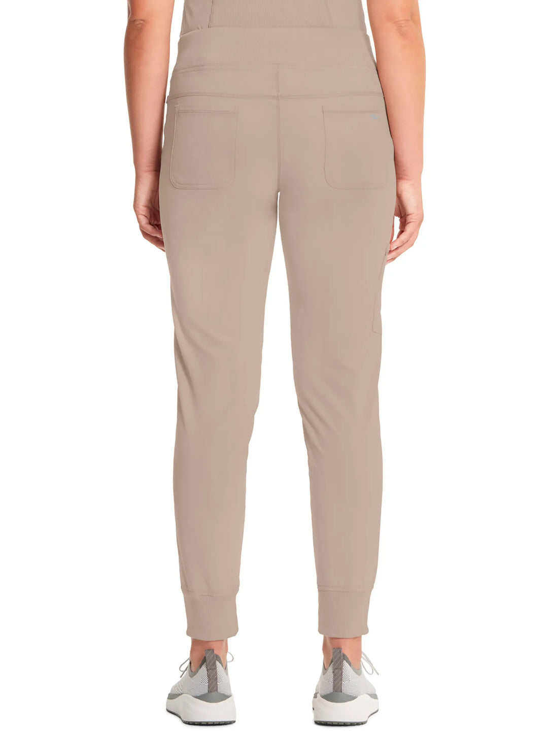 The back of the Infinity Women's Mid Rise Tapered Jogger Scrub Pant in Khaki featuring two back patch pockets.