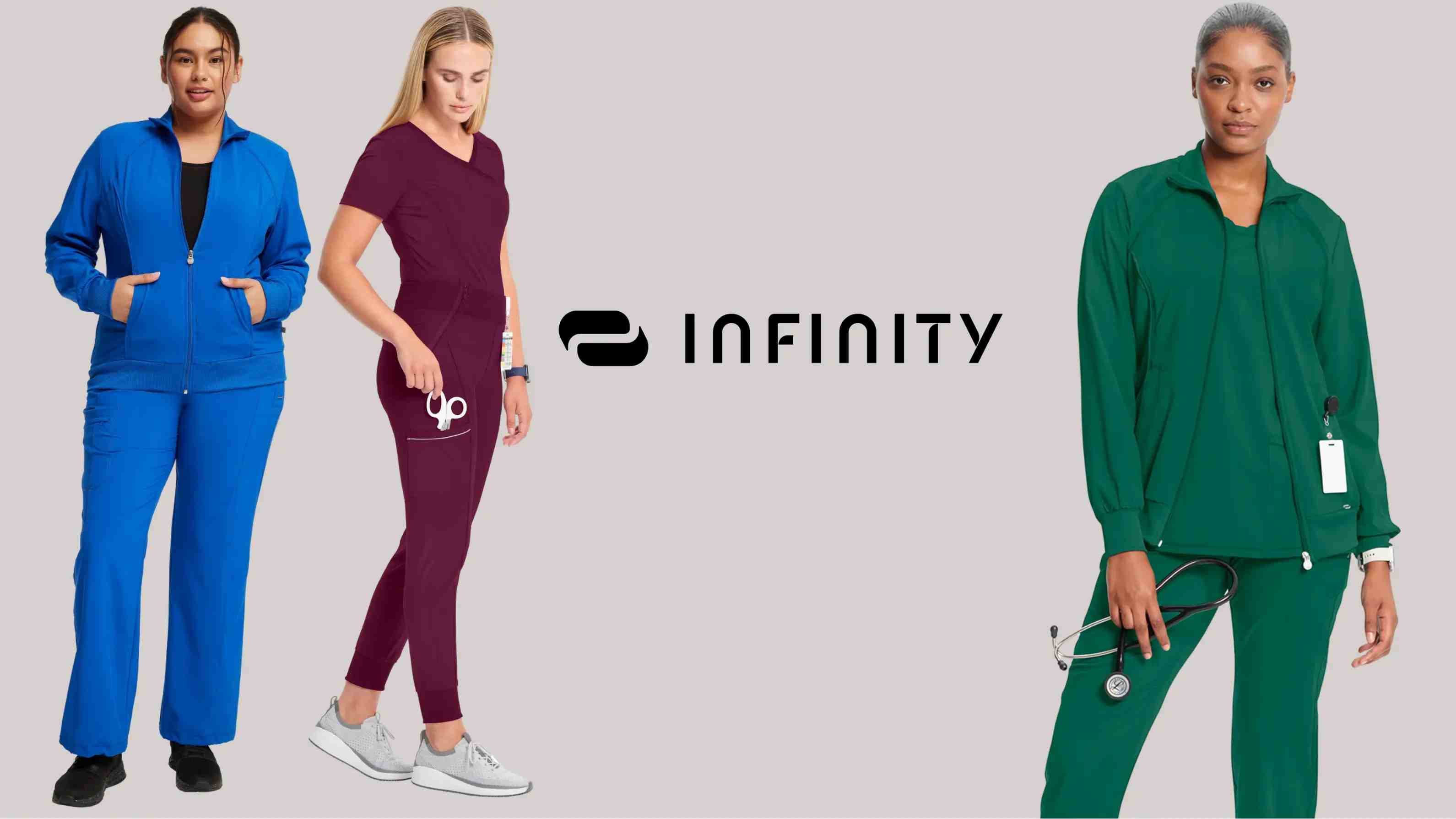 Three Healthcare Professionals showcasing some of the available scrub styles available in Scrub Pro's collection of Infinity Scrubs.