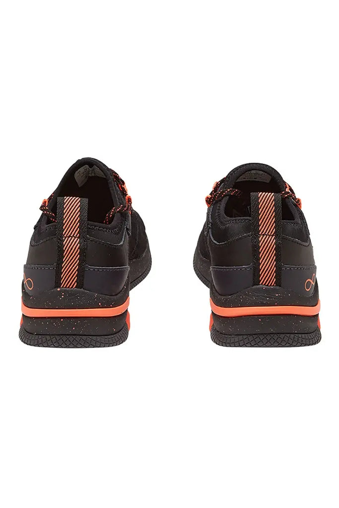 The back of the Infinity Women's Dart Premium Athletic Work Shoes in Electro Coral featuring bootstraps at the heels.