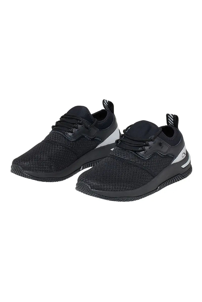 The front of the Infinity Women's Dart Premium Athletic Shoes in Black Reflective size 9 featuring a lightweight bootie construction that provides a comfortable sock like fit.