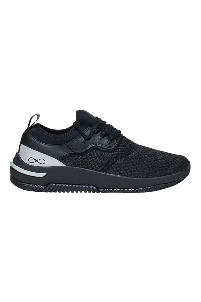 The outside of the Infinity Women's Dart Premium Athletic Shoes in Black Reflective featuring the Infinity logo above the heel.