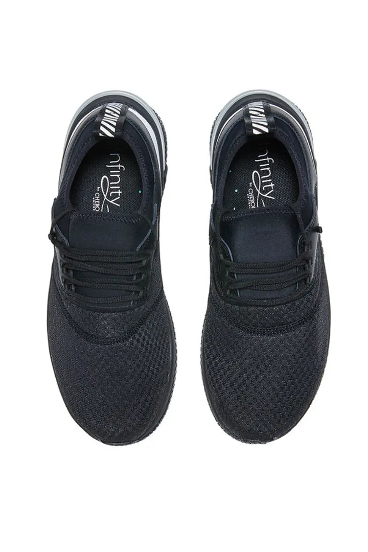 A top down look at the Infinity Women's Dart Premium Athletic Work Shoes in Black Reflective featuring a removable PU insole that provides arch support and heel cupping.