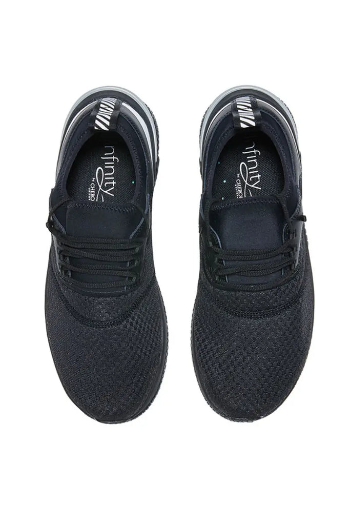 A top down look at the Infinity Women's Dart Premium Athletic Work Shoes in Black Reflective featuring a removable PU insole that provides arch support and heel cupping.