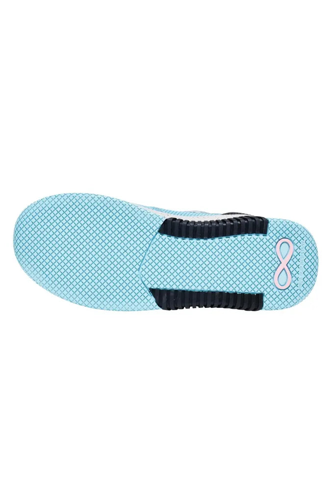 The bottom of the Infinity Women's Dart premium Athletic Shoes in Ocean Slate featuring an oil and slip-resistant rubber outsole for increased traction on various surfaces.