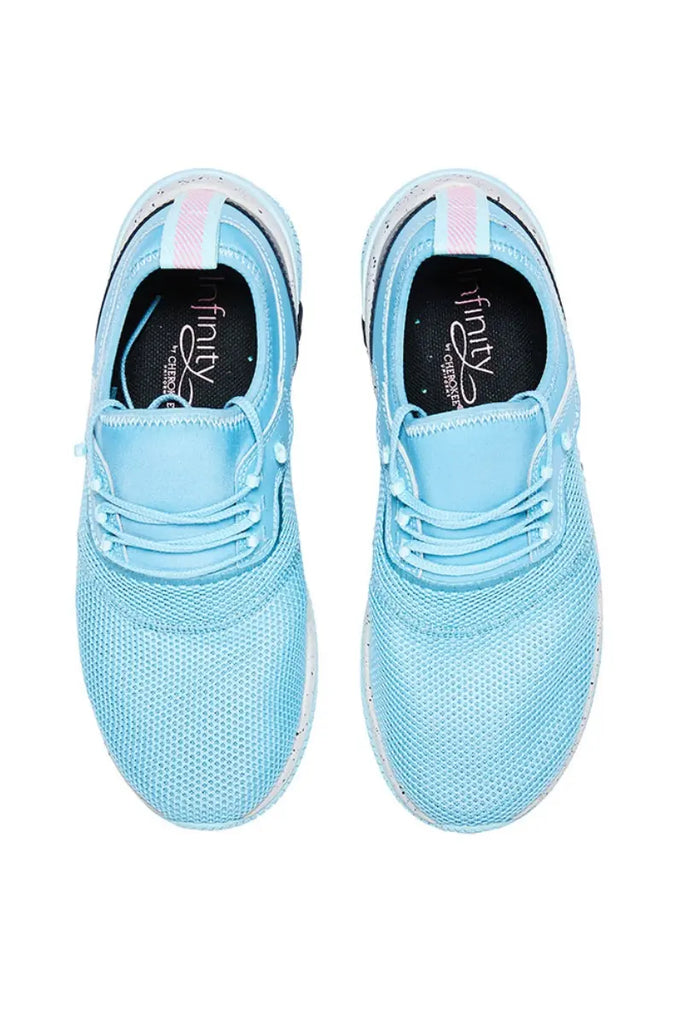 A top down look at the Infinity Women's Dart Premium Athletic Shoes in Ocean Slate featuring removeable, shock absorbing PU insoles that ensure reliable traction across various surfaces.