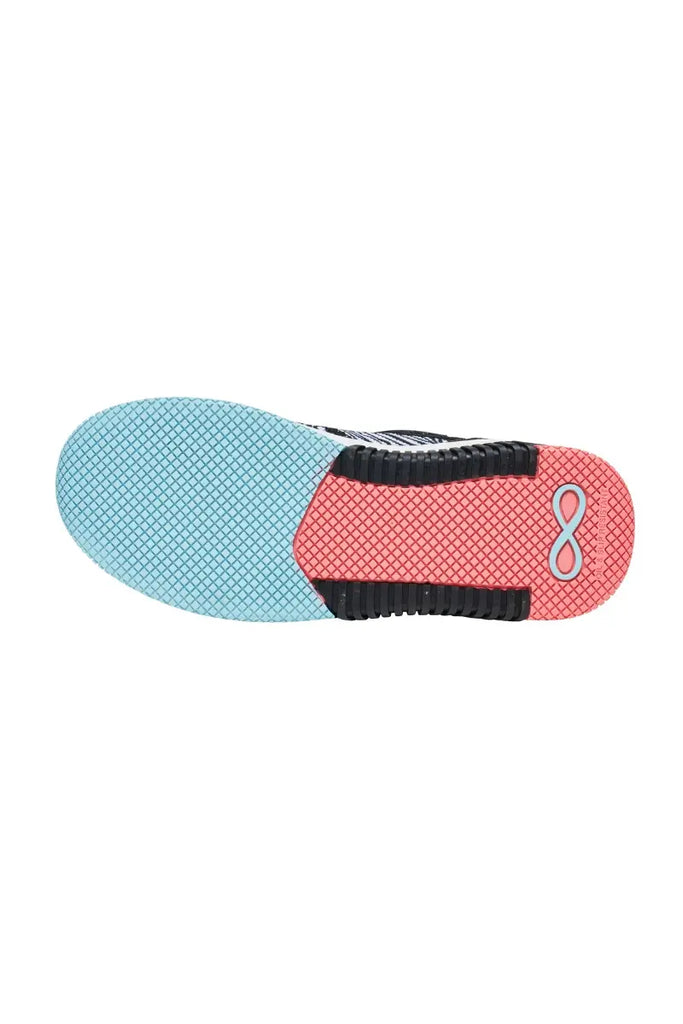 The bottom of the Infinity Women's Dart Premium Athletic Nursing Shoes in Zebra featuring a slip-resistant outsole that ensures reliable traction on various surfaces.