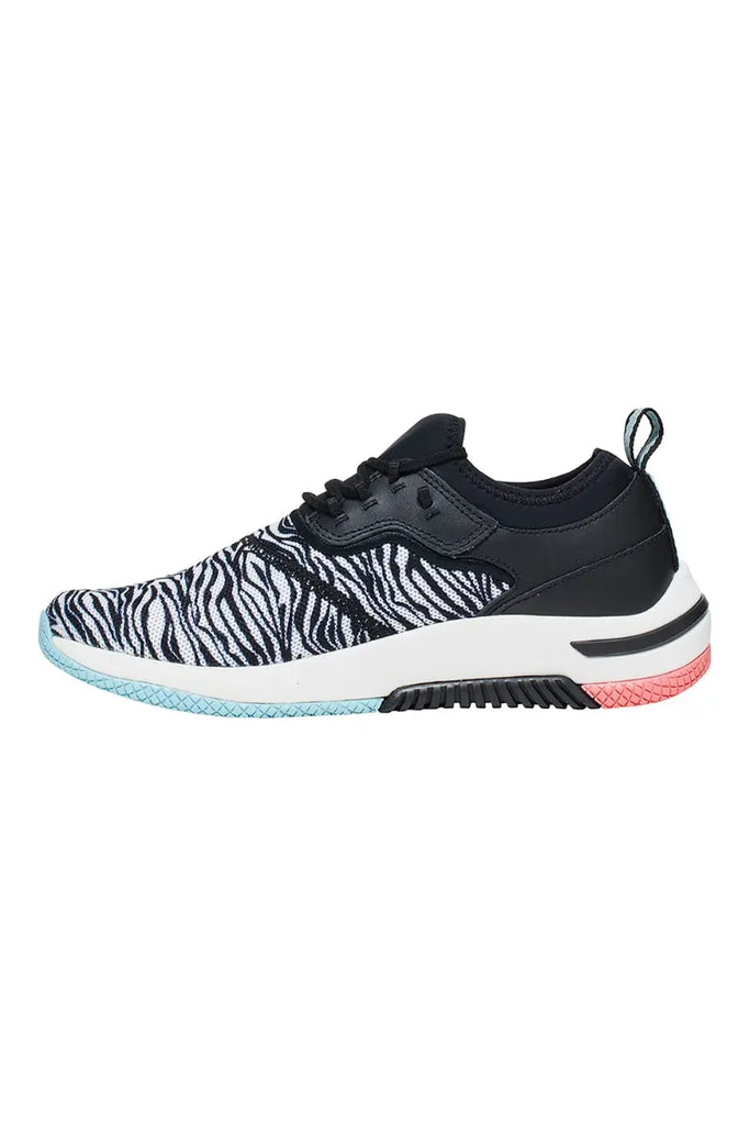 A look at the side of the Infinity Women's Dart Premium Athletic Shoe in Zebra size 6 featuring an athletic silhouette.