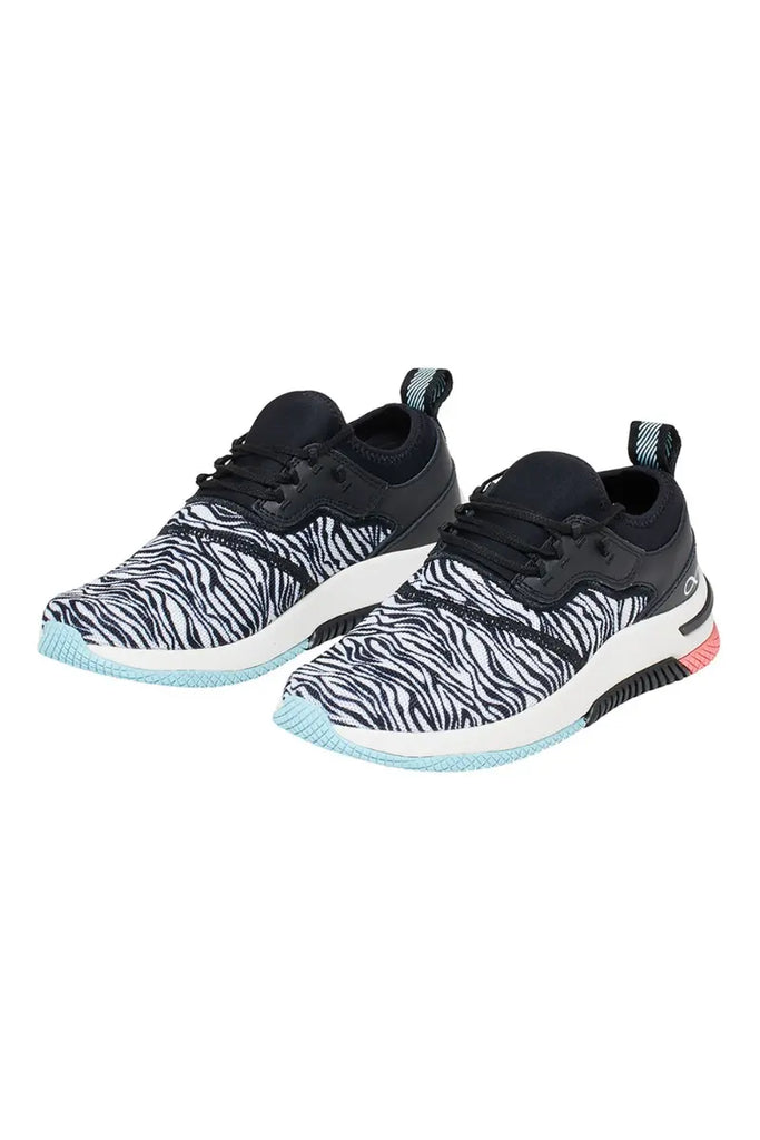 The front of the Infinity Women's Dart premium Athletic Nurse Shoes in Zebra size 7 featuring a lace-up vamp for an adjustable and comfortable fit.