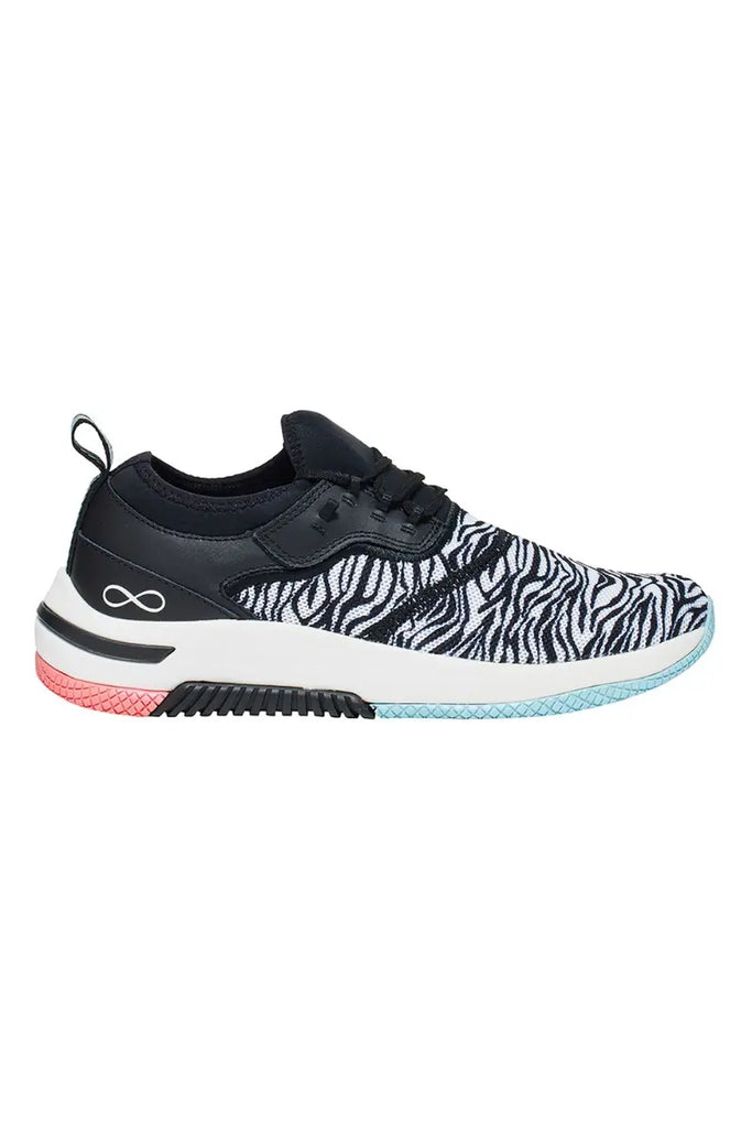 The outside of the Infinity Women's Dart Premium Athletic Nursing Shoes in Zebra size 8 featuring the Infinity logo above the heel.