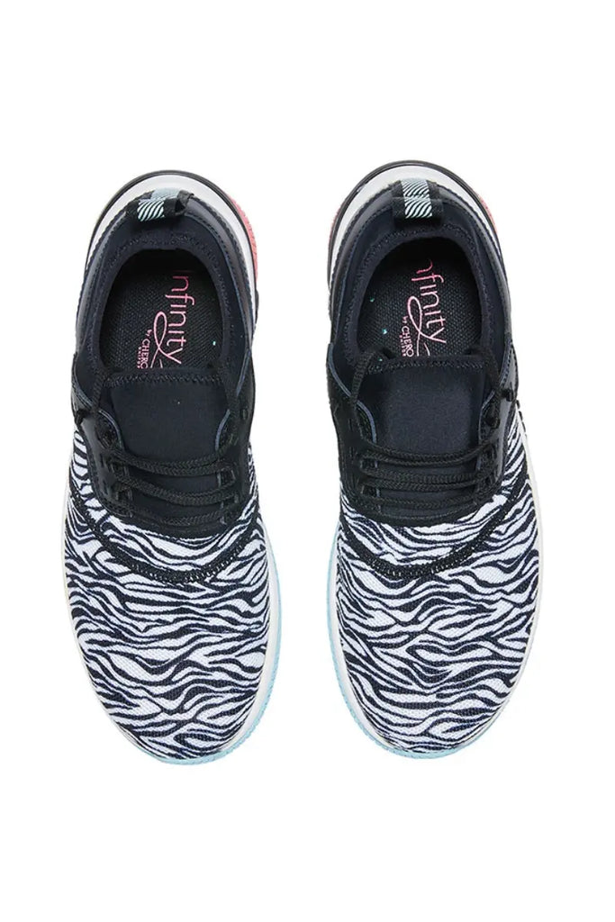 A top down look at the Infinity Women's Dart Premium Athletic Nursing Shoes in Zebra featuring a unique Zebra print on the upper and toe cap and a solid black collar.