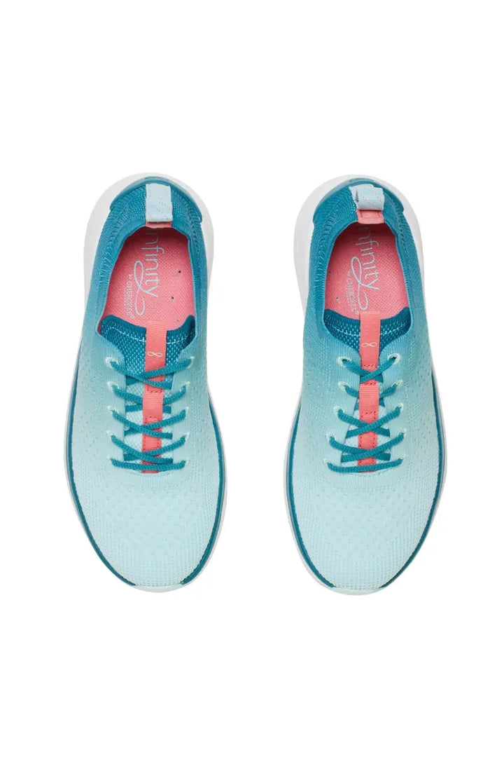 A top down look at the Infinity Women's Ever On Knit Athletic Nurse Shoes in Oceanic Ombre size 8.5 featuring a removable shock-absorbing insole with arch support and heel cupping.