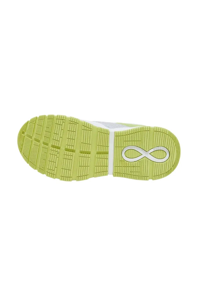 The bottom of the Infinity Women's Fly Athletic Nurse Shoes in Cloudy Lime featuring an oil and slip-resistant rubber outsole with flex grooves.