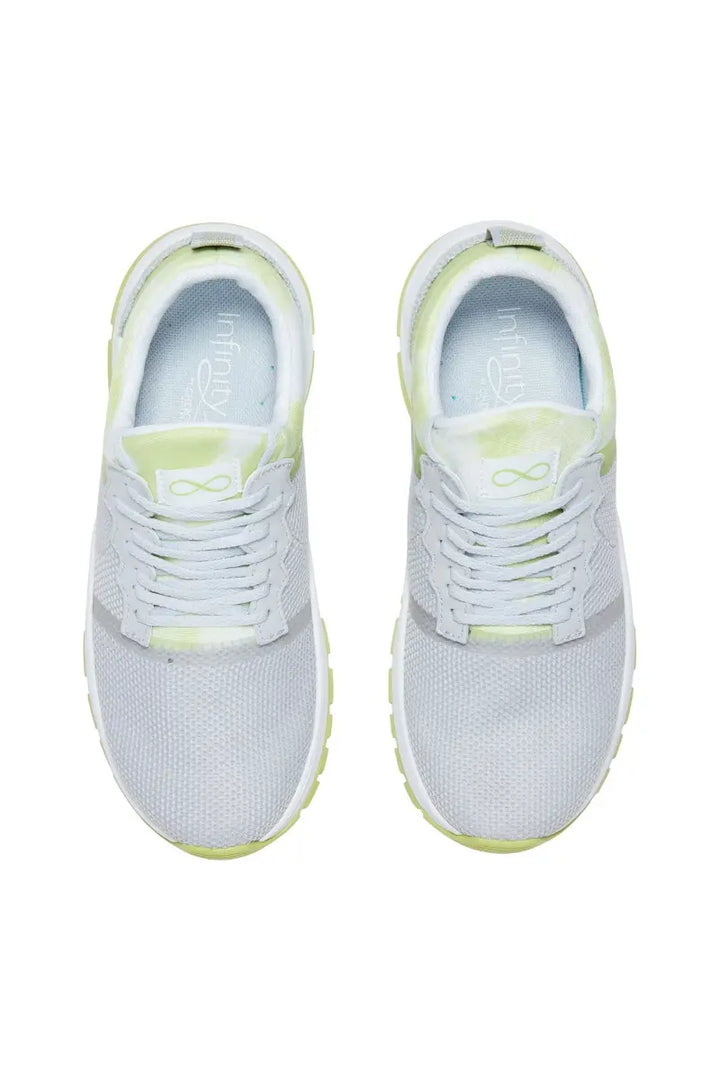 A top down look at the Infinity Women's Fly Athletic Nurse Shoes in CLoudy Lime size 8 featuring removable PU insoles that provide additional comfort and support.