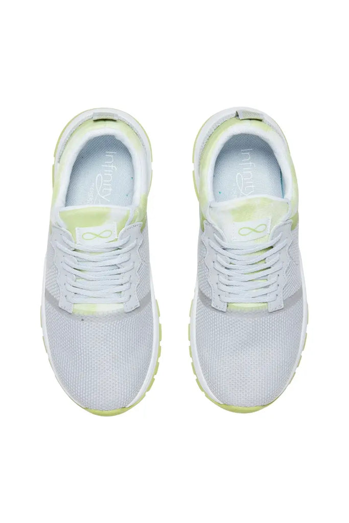 A top down look at the Infinity Women's Fly Athletic Nurse Shoes in CLoudy Lime size 8 featuring removable PU insoles that provide additional comfort and support.