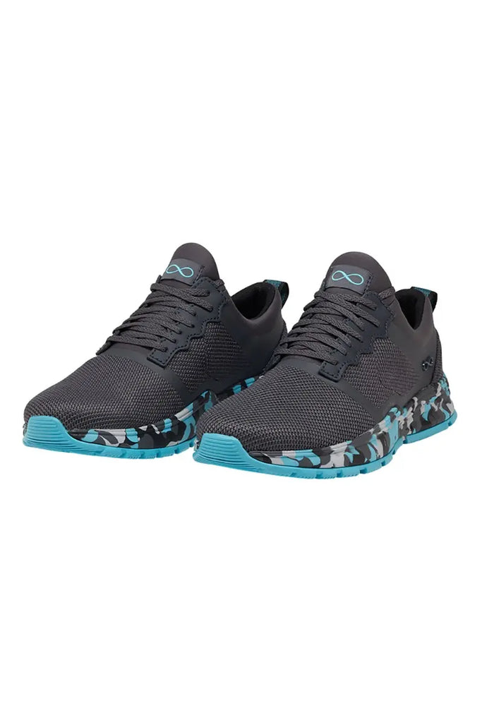 The front of the Infinity Women's Fly Athletic Nurse Shoes in Night Ocean size 6 featuring a lace-up vamp for a secure and adjustable fit.