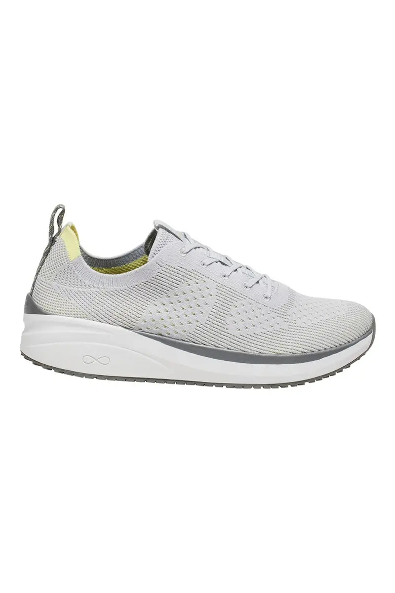 The outside of the Infinity Men's Ever On Knit Athletic Work Shoe in White Microchip size 8 featuring lace up closure.