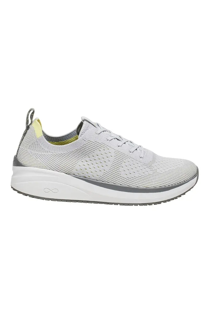 The outside of the Infinity Men's Ever On Knit Athletic Work Shoe in White Microchip size 8 featuring lace up closure.