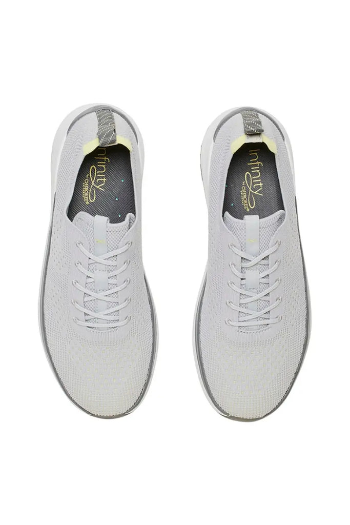 A top down look at the Infinity Men's Everon Knit Athletic Work Shoes in White Microchip featuring a removable shock-absorbing latex-free polyurethane insole with arch support and heel cupping.