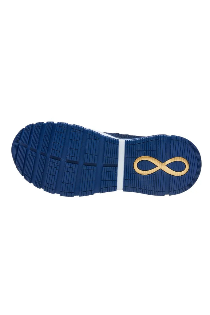 The bottom of the Infinity Men's Fly Athletic Work Shoe featuring rubber outsoles with flex grooves.