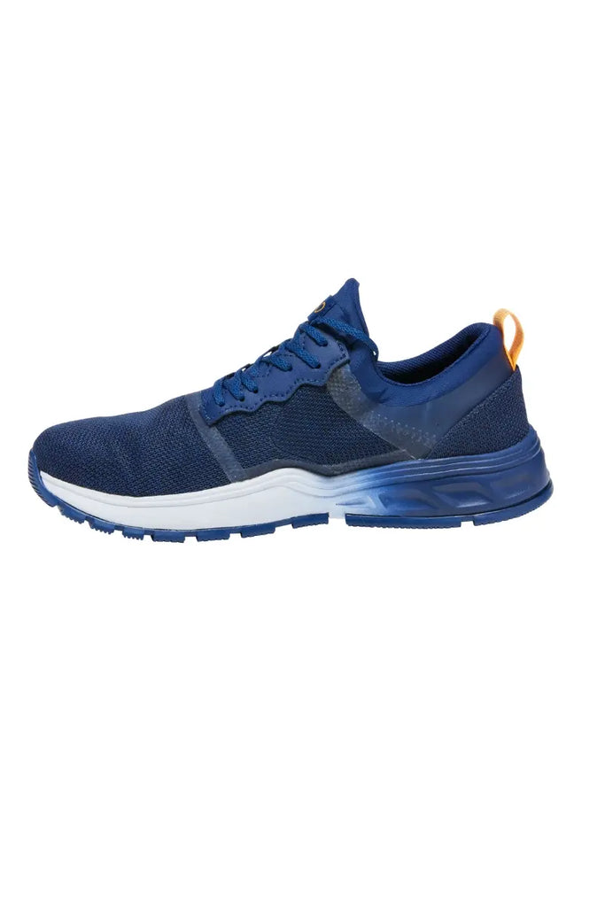 The side of an Infinity Men's Fly Athletic Work Shoe in Navy size 12 featuring an athletic silhouette.