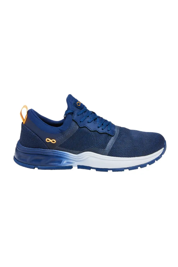 The side of an Infinity Men's Fly Athletic Work Shoes in Navy featuring a metal logo on the outside of the shoe.