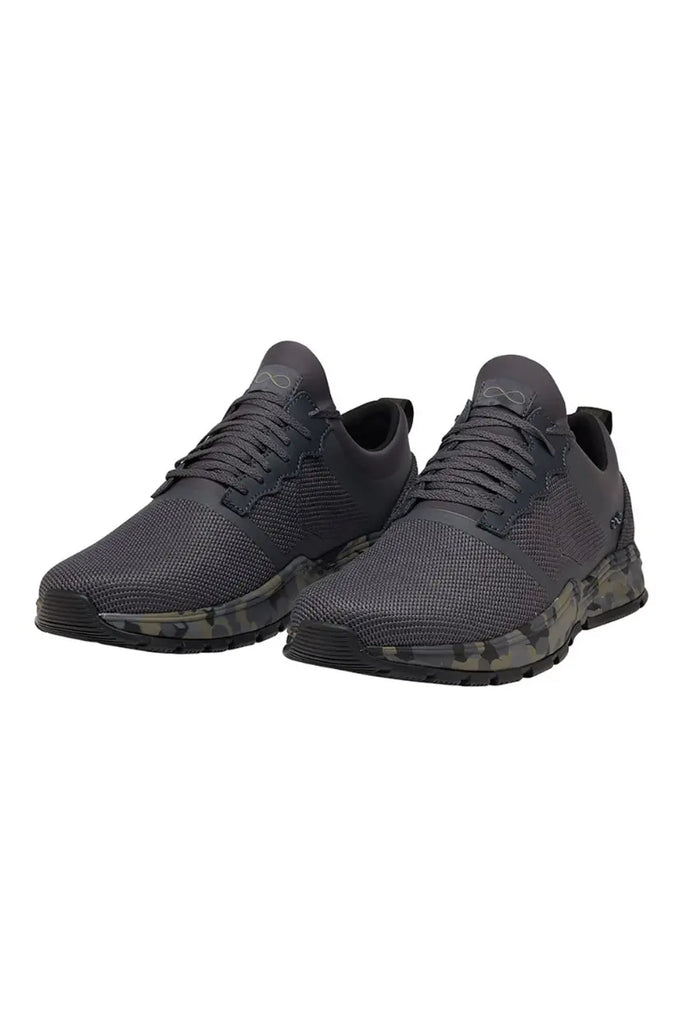 The front of the Infinity Men's Fly Athletic Work Shoes in Camo featuring a lace up vamp for a secure and adjustable fit.