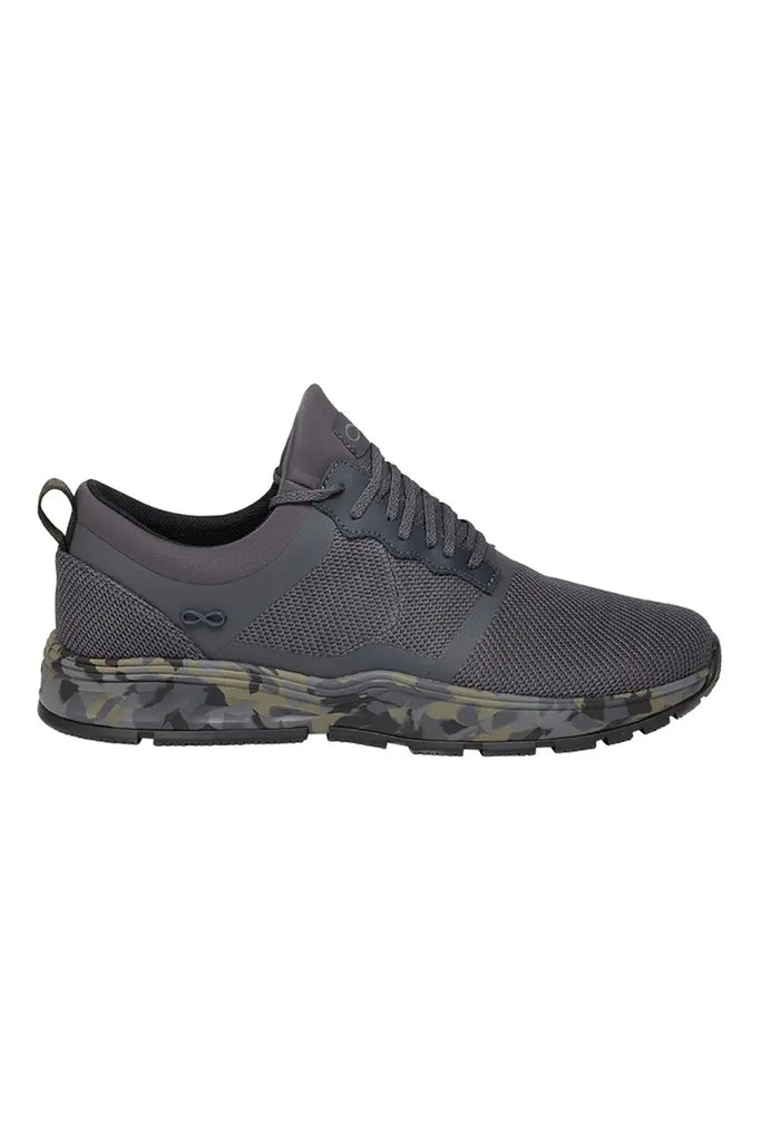 The outside of the Infinity Men's Fly Athletic Work Shoe in Camo size 9 featuring a metal Infinity logo at the side.