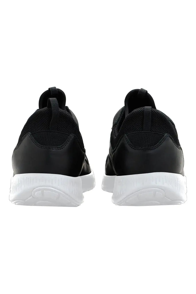 A look at the back of the infinity Men's Volta Athletic Work Shoes in Black & White featuring a heel height of 1.5" and loops at the top of the heel.
