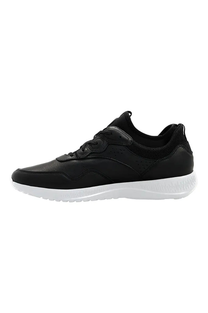 The side of the Infinity Men's Volta Athletic Work Shoes in Black and White featuring an athletic silhouette.