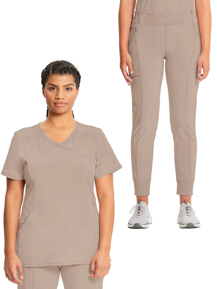 Infinity Women's Scrub Set Mock Wrap Top & Petite Joggers | Khaki